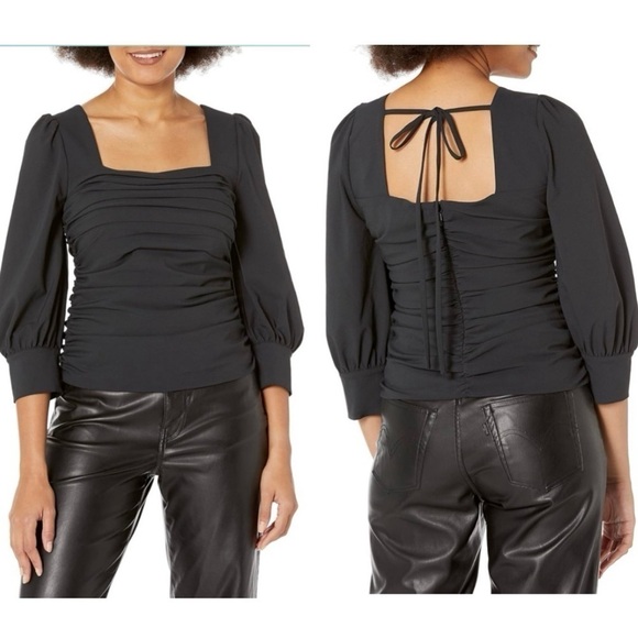 Cinq A Sept Karol Square-Neck Ruched 3/4” Puff Sleeve Crepe Top Blouse Medium - Picture 2 of 10